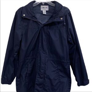CHEROKEE JACKET WOMEN SMALL NAVY BLUE HOODED RAIN COAT WIND BREAKER SNAP UP.